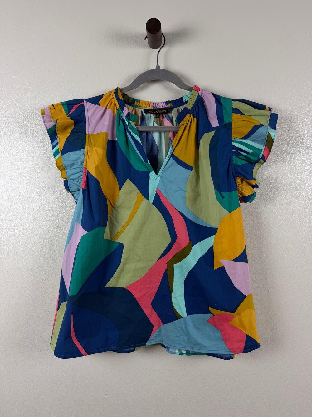 Sugar Lips Women's L 100% Cotton Abstract Geometric V Neck Flutter Sleeve Top